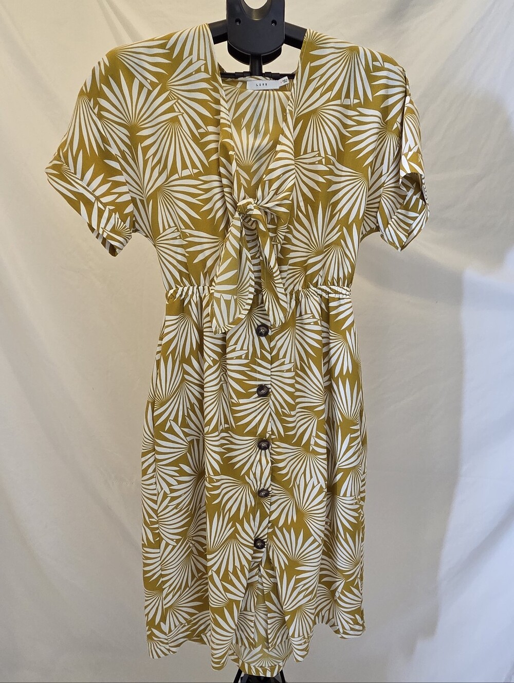 Lush Tie-Front Palm Print Dress in Mustard and White